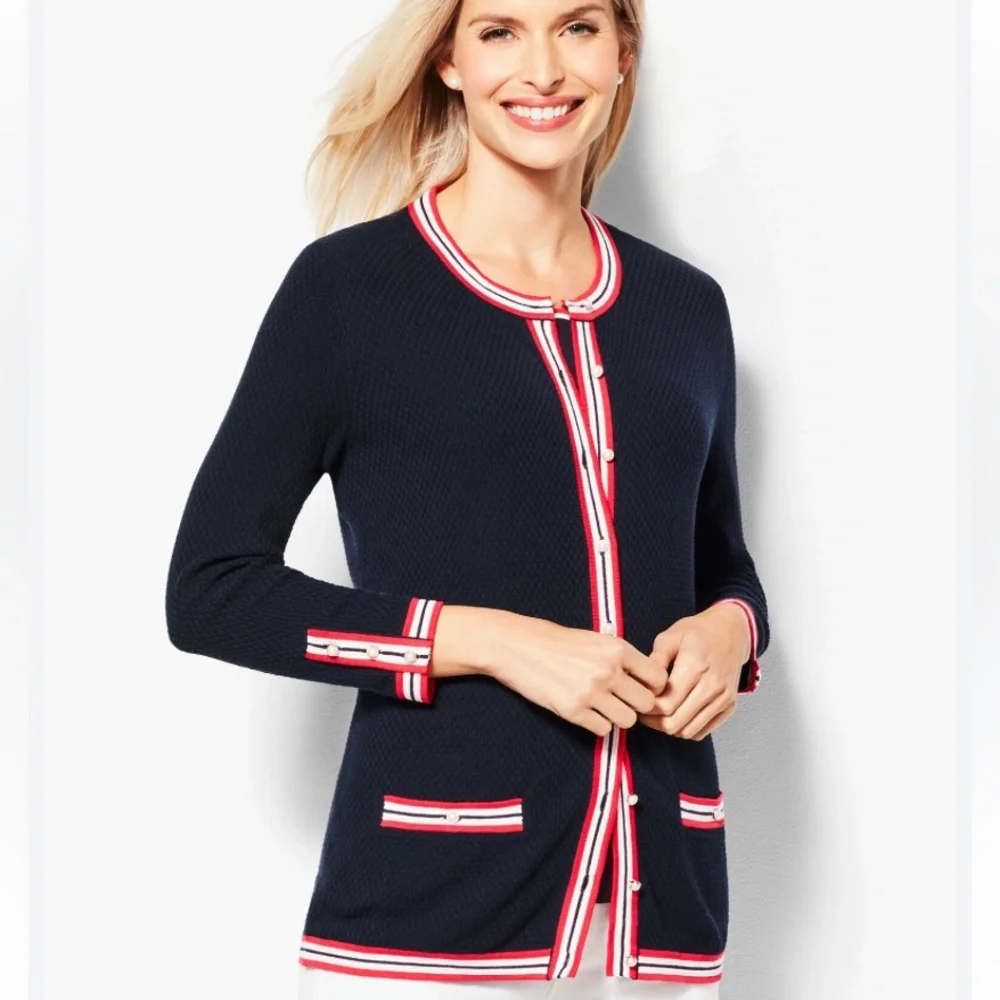 Talbots Navy Blue Cardigan Sweater Textured Preppy Knit career casual 1X 14 16 - Picture 2 of 16